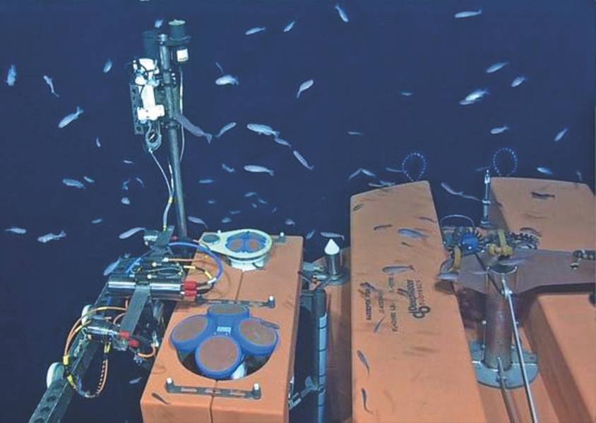 Abb. 3. In 200 m Tiefe sind zwei ADCPs (150 kHz, 5-strahl 600 kHz) auf der festen Plattform eines SPM installiert. (Credit: NSF-OOI / UW / ISS; Tauchgang R1832, VISIONS '15 Expedition)