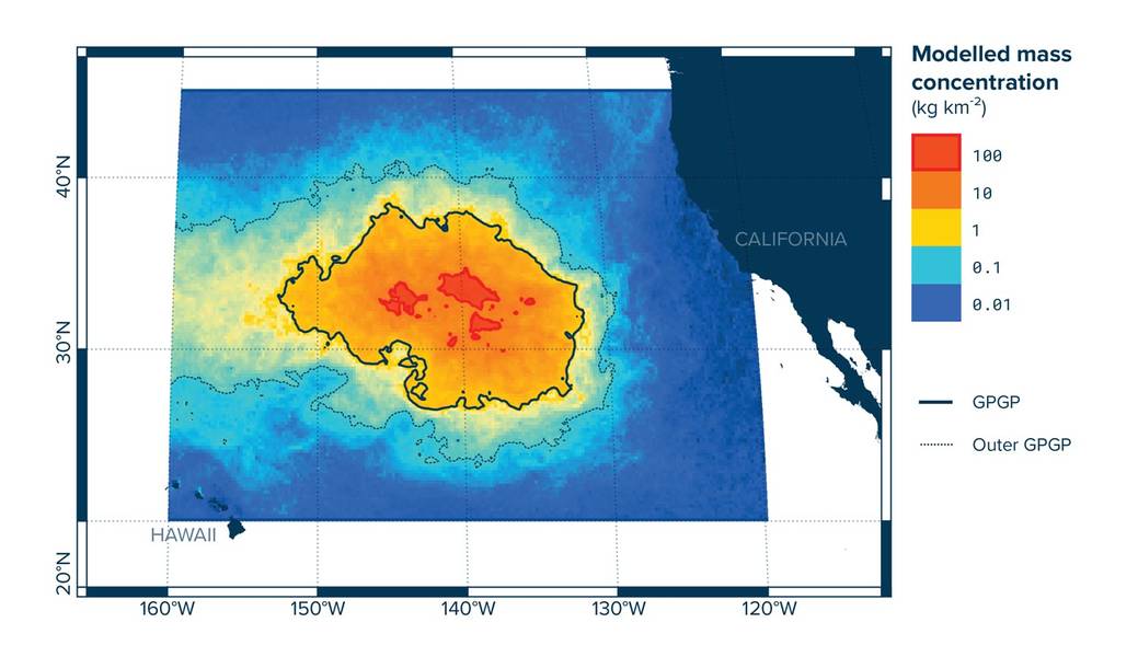 Concentração de massa modelada de plásticos no Great Pacific Garbage Patch (Imagem: The Ocean Cleanup Foundation)