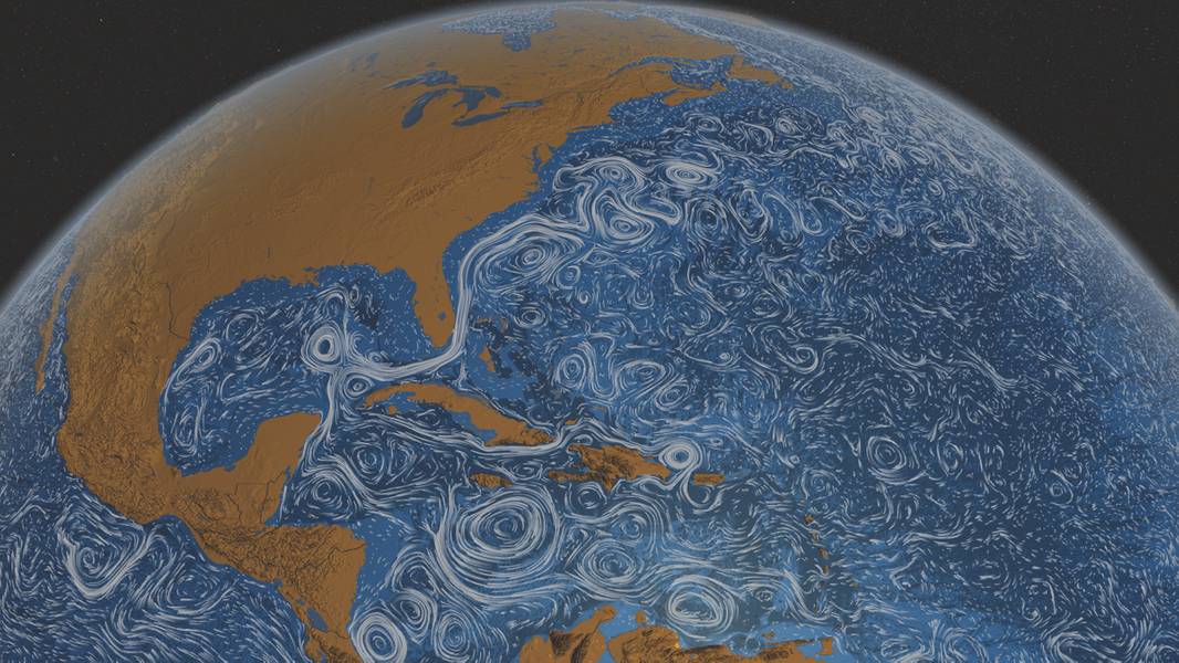 Correntes de superfície do oceano em todo o mundo. (NASA / Goddard Space Flight Center Scientific Visualization Studio)