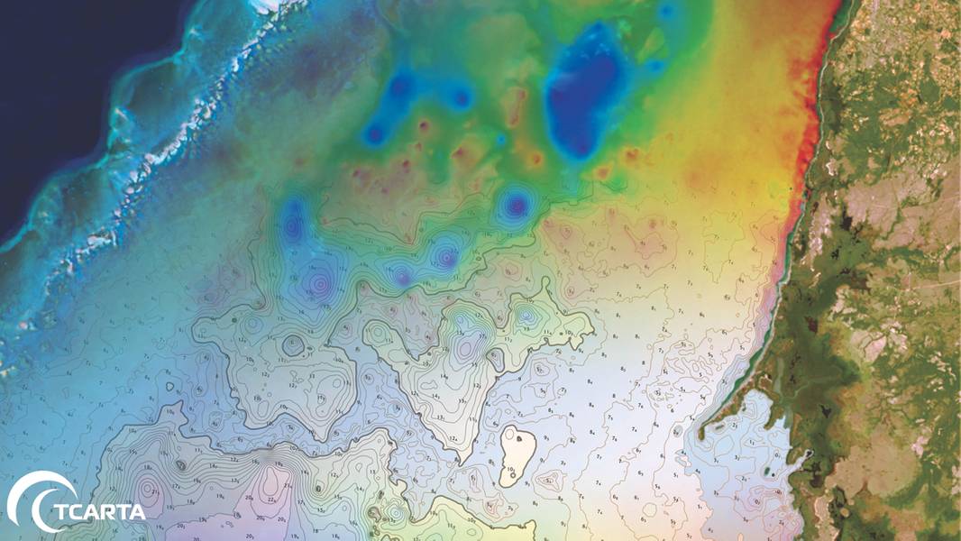 Der Fortschritt von Landsat-Satellitenbildern zu einer von Satelliten abgeleiteten bathymetrischen Oberfläche zu einer bENC (Bathymetric Electronic Navigation Chart). Der Standort ist Golfo de Guanahacabibes, Kuba. (Kredit: Aaron Sager)