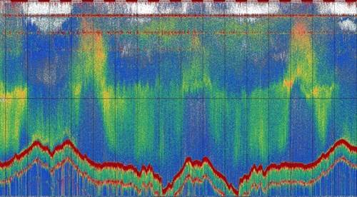 Ecograma a 200kHz mostrando três dias de dados acústicos da superfície do mar (acima) até o fundo do mar (linha vermelha ondulante no fundo) gravada por Lyra. Observe o claro ciclo diurno (dia e noite) do zooplâncton que migra verticalmente. (Imagem: Cefas)