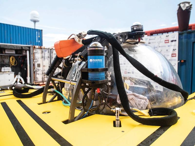 Eine der BlueComm-Einheiten von Sonarydne, die an einem der Tauchboote der Mission Nekton befestigt sind. Foto: Nekton Oxford Deep Ocean Research Institute