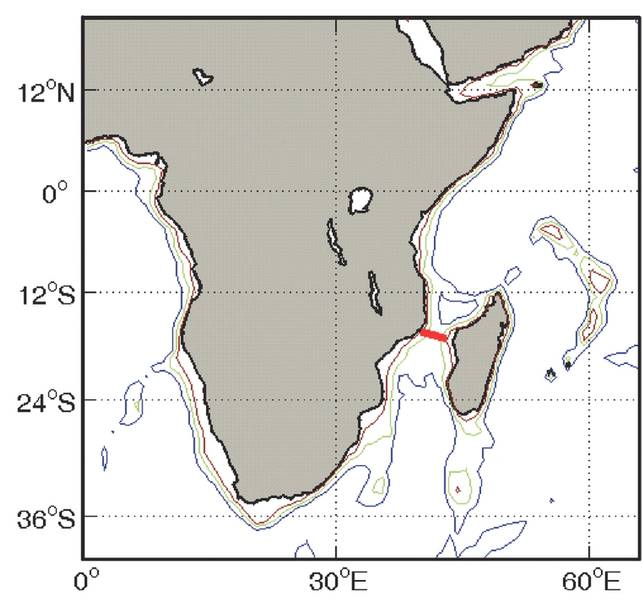 Fig. 2 - Localização do arranjo atracado do LOCO no Canal de Moçambique. (Crédito: H. Ridderinkhof (NIOZ) 2006. https://goo.gl/FrCL2b)