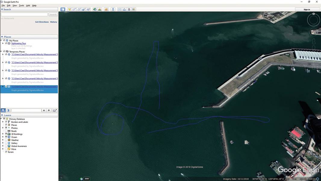 Google Earthで航海したトラックを示すエクスポートデータ（.kml形式）。乗組員は、港の内外で現在の測線を行い、これら2つの場所での現在の速度と方向の違いを特定しました。イメージ：Nortek