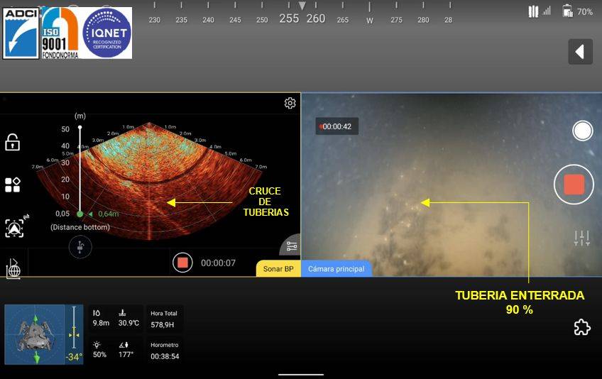 Imagens de sonar multifeixe e câmeras ao vivo identificaram uma travessia de oleoduto e um trecho do mesmo, aproximadamente 90% enterrado sob sedimentos do leito do lago, durante uma inspeção no Lago Maracaibo, Venezuela. Os dados acústicos e ópticos combinados permitiram o rastreamento do oleoduto e a observação estrutural em condições de visibilidade subaquática limitada. Cortesia de INMARVENCO CA e CHASING.

