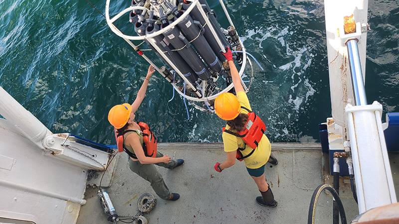 Jill Tupitza e a estudante de doutorado Allison Noble coletam água próxima ao fundo a bordo do Research Vessel Pelican para obter medições de oxigênio usadas para determinar o tamanho da zona hipóxica do Golfo do México. (LUMCON/LSU, Cassandra Glaspie)