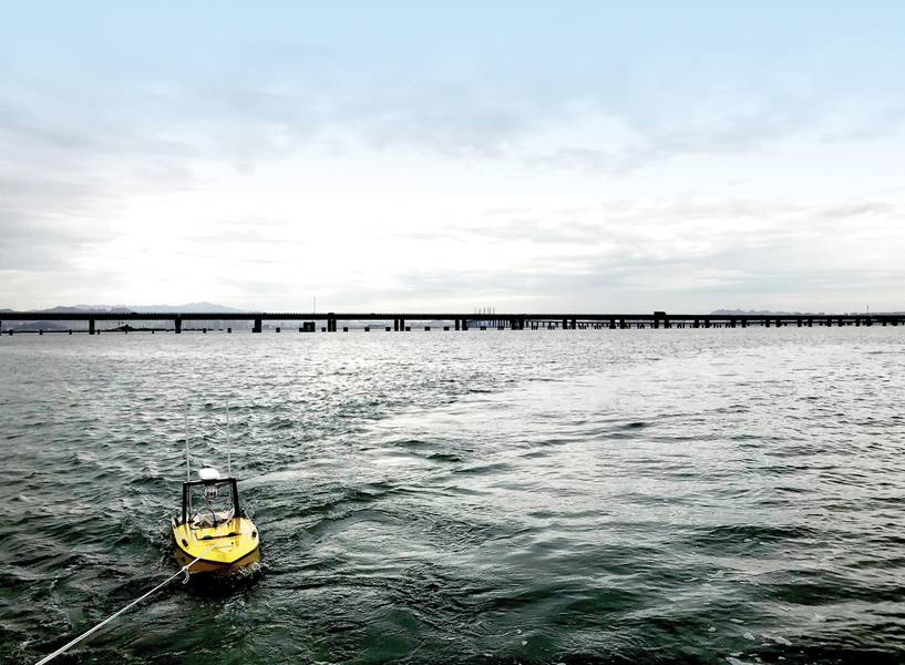 Testen der USV-Systeme in einer Bucht in der Nähe von Qingdao, China. Der Test umfasst die Bootsstabilität (durch Ziehen / Ziehen des Fahrzeugs) und die Kommunikationsqualität. Foto: Nortek
