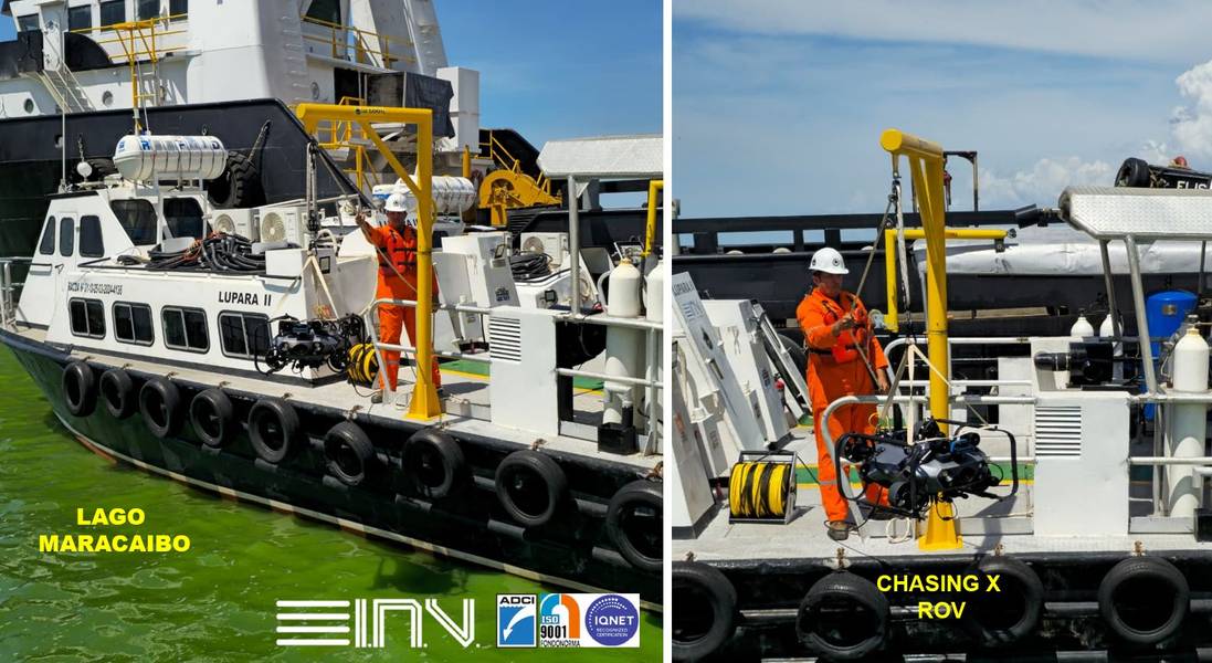 Uma equipe da INMARVENCO CA utiliza um ROV industrial CHASING X a partir da embarcação de apoio Lupara II durante uma inspeção subaquática de um oleoduto no Lago Maracaibo, Venezuela. Foto cedida pela INMARVENCO CA e CHASING.