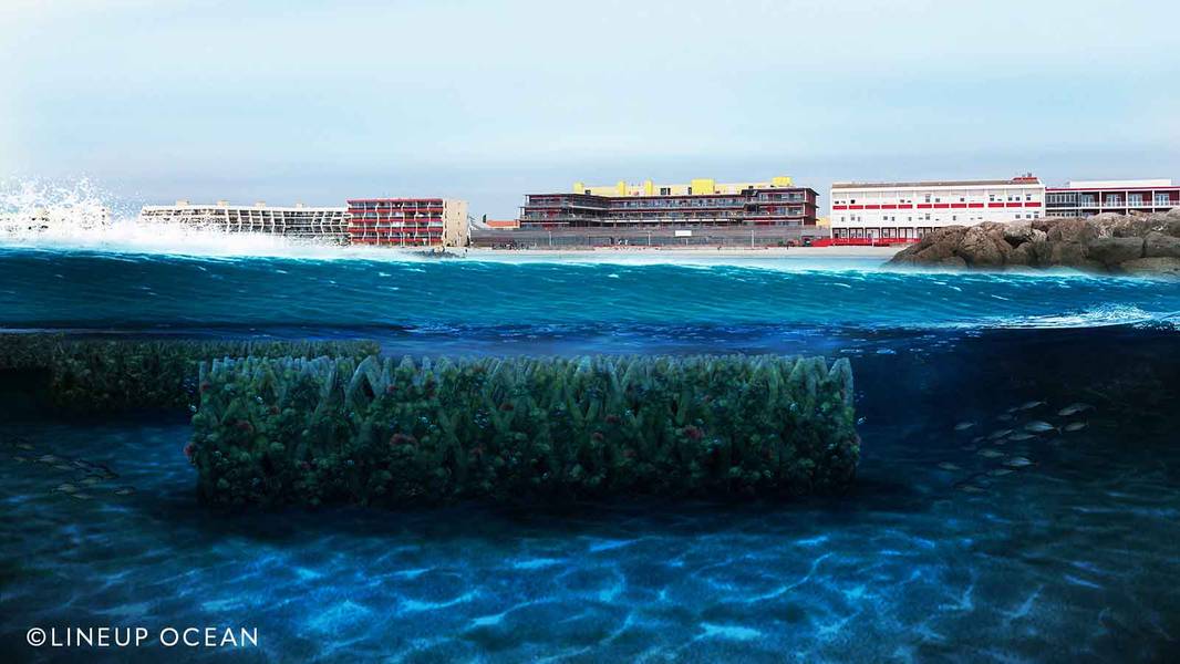 Uma simulação dos módulos UpBlock integrados para aumentar a resiliência natural de uma praia. © Lineup Ocean
