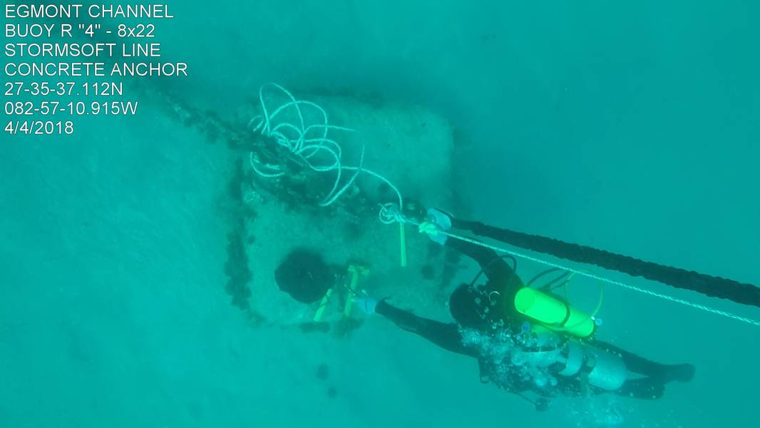 Una mirada desde arriba, un buzo conecta una línea de amarre ecológico de StormSoft a una plataforma de hormigón (Foto cortesía de la Guardia Costera de los EE. UU.)