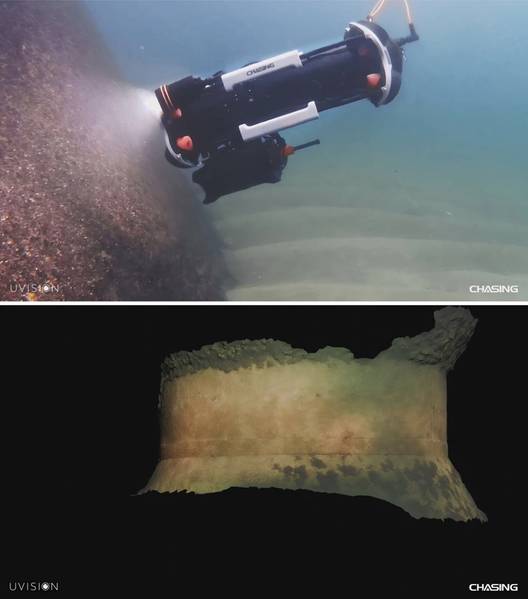  Um submarino CHASING M2 PRO MAX equipado com um scanner UVision UScanner inspeciona a fundação de uma turbina eólica offshore na Dinamarca. As imagens coletadas foram processadas para gerar um modelo 3D mensurável da estrutura submersa, para avaliação de suas condições e futuras comparações. Cortesia da UVision e da CHASING.
