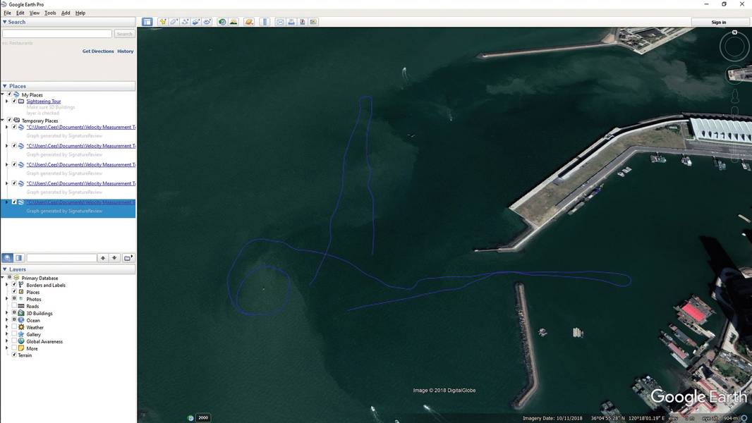 Экспортированные данные (в формате .kml), показывающие треки, пройденные в Google Earth. Экипаж провел так называемые «линии» текущих съемок внутри и снаружи гавани, чтобы выявить различия в скорости и направлении течений в этих двух местах. Изображение: Nortek