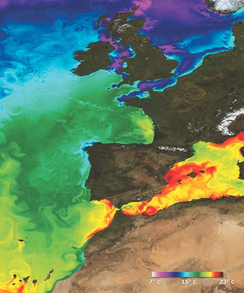 لقطة من درجة حرارة سطح البحر تم تصميمها في شمال المحيط الأطلسي. (الائتمان: Mercator Océan)