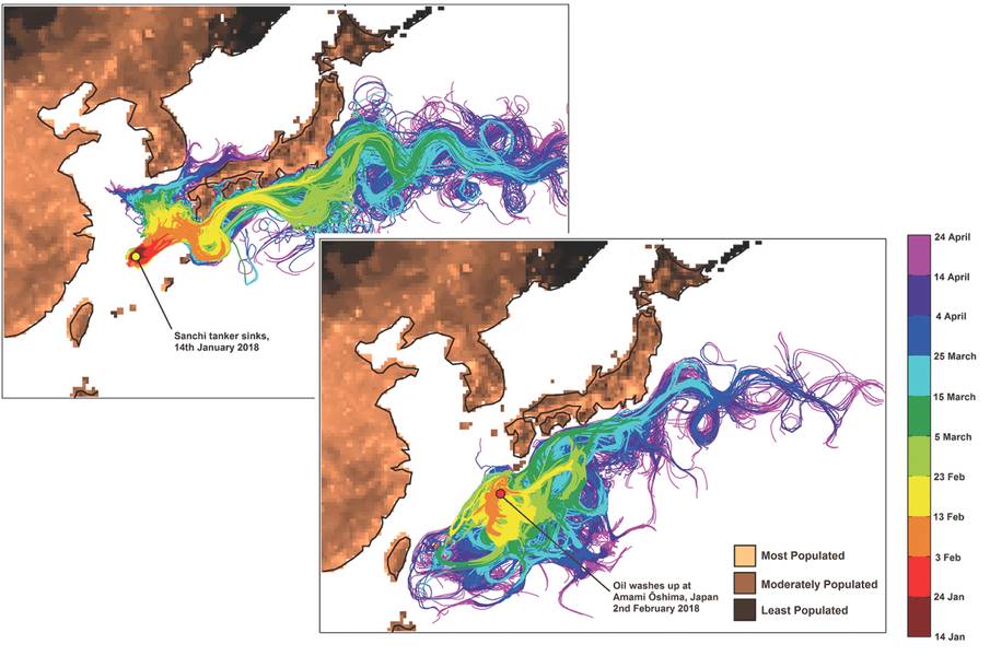 यह दिखाता है कि आभासी तेल कणों के trajectories (a) से खुलने वाले टेंकर सांची के अंतिम विश्राम स्थल और (बी) अमामी-ओशिमा द्वीप के आसपास के क्षेत्र से जारी किया गया है। (क्रेडिट: राष्ट्रीय महासागरीय केंद्र)
