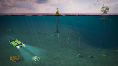 Die PB3 PowerBuoy-Wellenenergie von Ocean Power Technologies mit Einzelpunktverankerung, die Strom- und Datenübertragung integriert und an eine Unterwasserbatterielösung und eine AUV-Ladestation angeschlossen ist. Das Konzept wurde mit Modus Seabed Intervention unter Verwendung eines Saab Seaeye Sabertooth AUV entwickelt und zur Prüfung der Finanzierung von Entwicklungs- und Demonstrationsprojekten der US-Regierung eingereicht. (Bild: OPT)