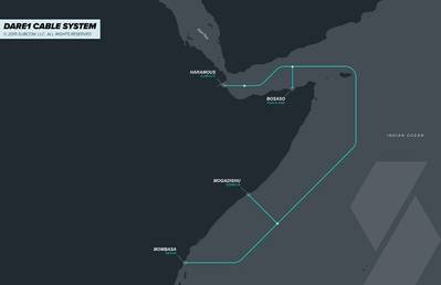 A Djibouti Telecom, a Somtel e a SubCom anunciaram que o levantamento marítimo do sistema de cabos submarinos Djibouti Africa Regional Express 1 (DARE1) foi concluído e a rota dos cabos finalizada. As empresas também anunciaram a adição de uma estação de pouso em Bosaso, na Somália. Imagem: Djibouti Telecom, Somtel e SubCom