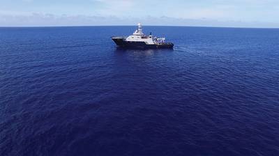 O R / V Petrel, de propriedade da Microsoft Cofounder e Philanthropist Paul G. Allen, no mar em busca do USS Indianapolis. (Foto cortesia de Paul G. Allen)