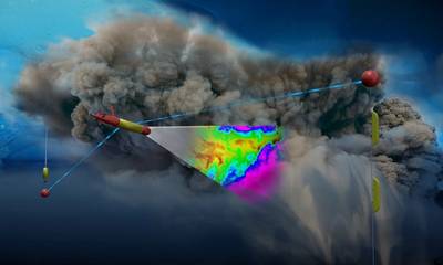 Representación artística de LRAUV bajo el hielo marino. Usando sensores fotoquímicos, el robot escanea la densidad de una nube de aceite que se eleva desde un pozo oceánico. Los objetos rojos y amarillos son partes de un sistema de comunicación que consiste en antenas suspendidas bajo el hielo de una boya instalada en la parte superior del hielo. Gráfico de ADAC.