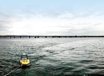 Testando os sistemas da USV em uma baía perto de Qingdao, na China. O teste inclui a estabilidade do barco (transportando / arrastando o veículo) e a qualidade da comunicação. Foto: Nortek