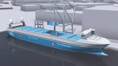 Yara Birkeland não tripulado conceito de navio de recipiente de Kongsberg. (Imagem: Kongsberg)