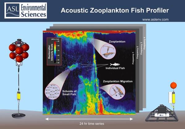 Configuraciones de amarre de zooplankton Fish Profiler (AZFP) y series temporales de datos. (Foto: Servicios Ambientales ASL)