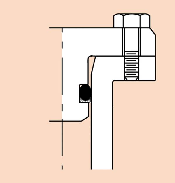 Figura 1. Um anel de vedação é mostrado em um sulco radial com a tampa de extremidade fixada. Observe o uso de um anel de apoio e chanfros de entrada. (Imagem cedida pela Parker Hannifin, adaptada pelo autor para este artigo)