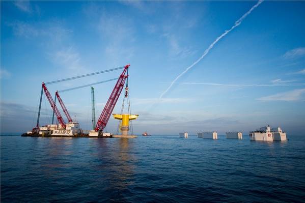 Fundación basada en la gravedad para el parque eólico marino Kriegers Flak en Dinamarca Instalación de KFBE Fotografía cortesía del Grupo Ian De Nul