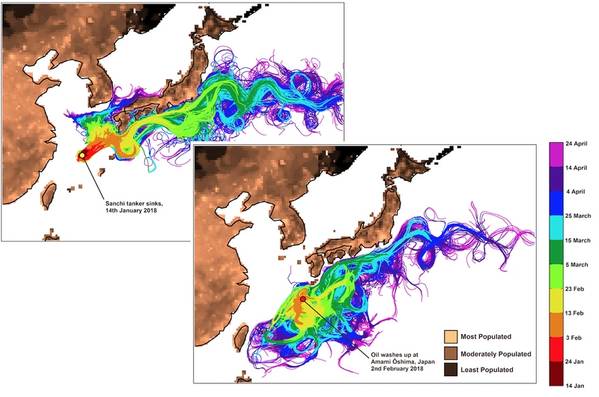 Modelagem de derramamento de óleo de Sanchi - fevereiro de 2018 (Imagem: NOC)