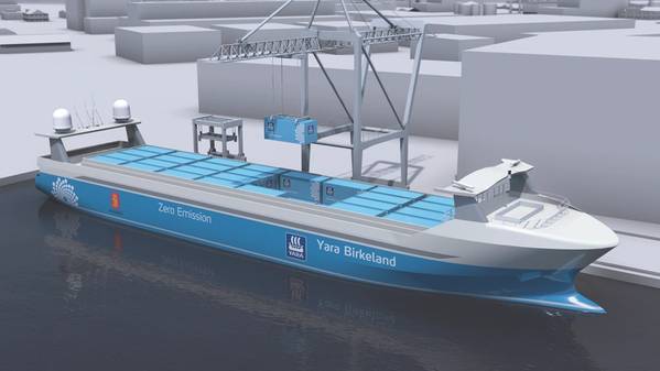 Kongsberg的Yara Birkeland无人驾驶集装箱船的概念。 （Image：Kongsberg）