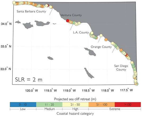 Mapa de la costa del sur de California que muestra los pronósticos de retirada de los acantilados con 6.6 pies de elevación del nivel del mar. Los círculos anaranjados y rojos indican una erosión extrema más allá de 167 pies. (Imagen: USGS)