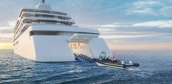REPRESENTACIÓN DEL NUEVO BARCO VIKING: Esta representación muestra cómo se verán los nuevos barcos de la expedición vikinga, incluido el hangar para el lanzamiento de pequeños barcos. Crédito: vikingo