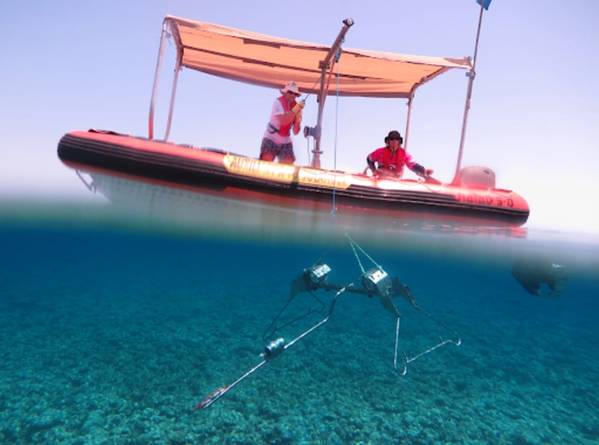 Schiffe mit schwenkbarem Davitarm und Winde eignen sich ideal zum Ausbringen und Einholen von Baited Remote Undersea Video (BRUV)-Systemen. Auf diesem Foto wird ein vom Australian Institute of Marine Science (AIMS) entwickeltes Stereo-BRUV-System auf den Meeresboden herabgelassen. BRUVs haben nur minimale Auswirkungen auf Meeresbewohner und den Meeresboden. Foto: Marine Ecology Group – Fish Research, University of Western Australia