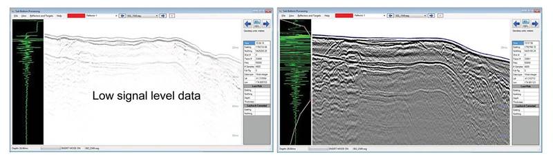 Figure 4. Raw boomer data (left image) and processed boomer data (right image). The processing involved changes to the image dynamic range, band pass frequency filtering, TVG, bottom tracking, swell correction and water column blanking.