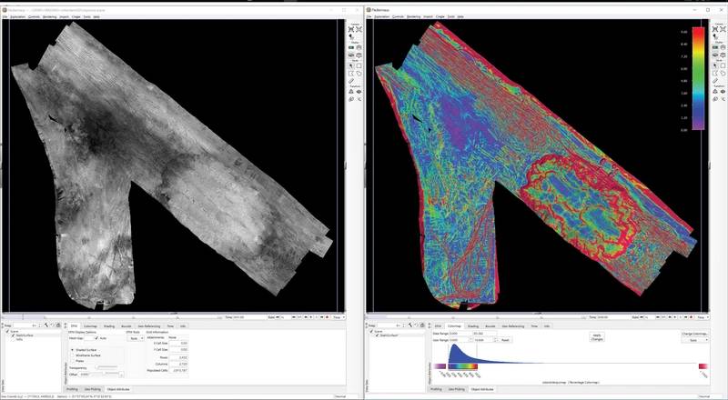 Figure 4: Typical Fledermaus Geocoder Toolbox results showing the backscatter mosaic and derived seabed slope.  Seabed roughness, average grain size and an estimation of the seabed material are also possible.