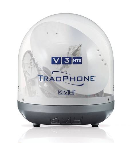 The newest satellite communications antenna system from KVH, the TracPhone V3-HTS is designed to deliver data speeds of 5Mbps/down and 2 Mbps/up, faster than systems much larger than the V3-HTS’s 39 cm diameter.