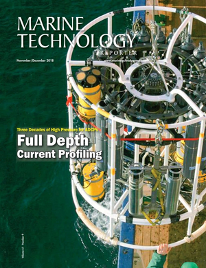Marine Technology Magazine Cover Nov 2018 - Acoustic Doppler Sonar Technologies ADCPs and DVLs