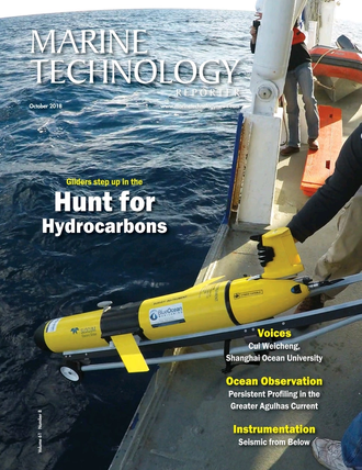 Marine Technology Magazine Cover Oct 2018 - Ocean Observation: Gliders, Buoys & Sub-Surface Networks