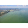 An aerial photo of the green waters of harmful algal bloom in western Lake Erie, July 20, 2020.  (Image credit: Courtesy of Zachary Haslick, Aerial Associates) 