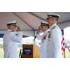 Capt. Kevin J. Behm (left) relieves Capt. Chad F. Hennings as commanding officer of the Naval Undersea Warfare Center Division Newport during a change of command held on Sept. 3, 2025. Rear Adm. Peter D. Small (right), commander of the Naval Undersea and Surface Warfare Centers and chief engineer for the Naval Sea Systems Command, who served as guest speaker during the event. Behm became the warfare center's 72nd commanding officer. (U.S. Navy photo by Dave Stoehr)

