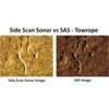 The graphic illustrates the difference in image quality of a 20 meter towrope lying on the seabed (Image courtesy of Kraken Sonar)