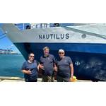 The KONGSBERG team dockside in Honolulu ahead of the NA178 expedition - Colleen Peters, Jørn Horvik, and Knut Terje will spend 14 days at sea testing the EM 304 MKII aboard E/V Nautilus (Credit: Kongsberg Maritime)