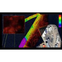 Composite image combining 2cm resolution HISAS2020 SAS data with EM2042 bathymetry and satellite imagery. Collected from a surface vessel in ~8 m depth, the SAS clearly resolves seabed rubble, pipeline and spunt wall—demonstrating the capability of the new HISAS2020 system even in shallow harbor conditions. © Kongsberg Discovery