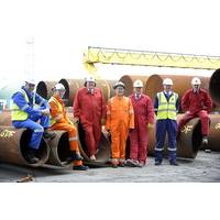 L-R - Ian Conacher GDF SUEZ E&P UK, Greg McKenna Centrica, John Robertson BiFab MD, R Jean-Claude Perdigues managing director of GDF SUEZ E&P UK, Martin Adam BiFab, Gerry Harrison Bayerngas MD and Ian Potts BiFab.