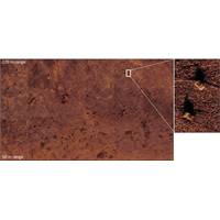 Figure 1 AquaPix SAS mosaic of seabed features in Narragansett Bay. The right hand image shows two lobster pots and connecting rope at 200 m range. Resolution is 3x3 cm across the entire swath.