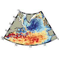 Figure caption text: Sea surface temperature pattern associated with the ocean contribution to unusual mixed layer heat variations (red warm, blue cold). Source: the NEMO ocean model component of the high-resolution climate simulation used for part of the study.