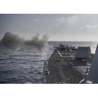 The guided-missile destroyer USS Preble (DDG 88) fires a Mark 45 5-inch gun during a live-fire exercise. (U.S. Navy photo by Mass Communication Specialist 3rd Class Morgan K. Nall/Released)