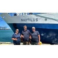 The KONGSBERG team dockside in Honolulu ahead of the NA178 expedition - Colleen Peters, Jørn Horvik, and Knut Terje will spend 14 days at sea testing the EM 304 MKII aboard E/V Nautilus (Credit: Kongsberg Maritime)