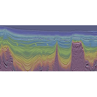 Least-squares Kirchhoff PSDM (LS-KPSDM) full stack seismic image overlaid with the 12Hz TL-FWI velocity model. In this example, the high-resolution LS-KPSDM image and geologically-conformal FWI model together clearly show flat spots (indicated by arrows) – DHI-supported leads highlighting potential hydrocarbon reservoirs (image courtesy of Viridien Earth Data).
