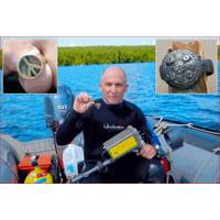 Main photo: Mike Drainville with recovered ring; Left Inset – Close up of Peace ring recovered by Drainville; Right Inset – Bronze-Age ring recovered by Nelson Jecas.