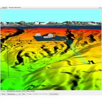 MakaiLay’s new 3D Viewer showing the vessel, plough and cable shapes for progressive time steps seen behind the vessel. Relevant GIS data can be imported, such as digital terrain tiles on the bathymetry and aerial imagery overlay on the terrain in the background, as is shown here (Image: Makai Ocean Engineering)
